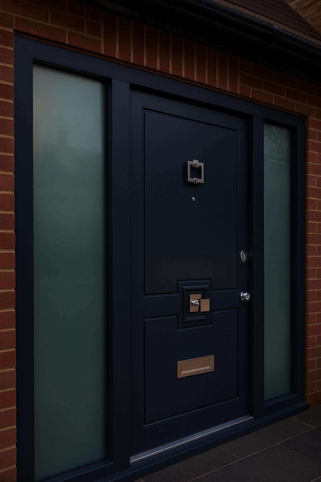 Black Gerda steel entrance door with chrome hardware and sidelights providing RC3 security