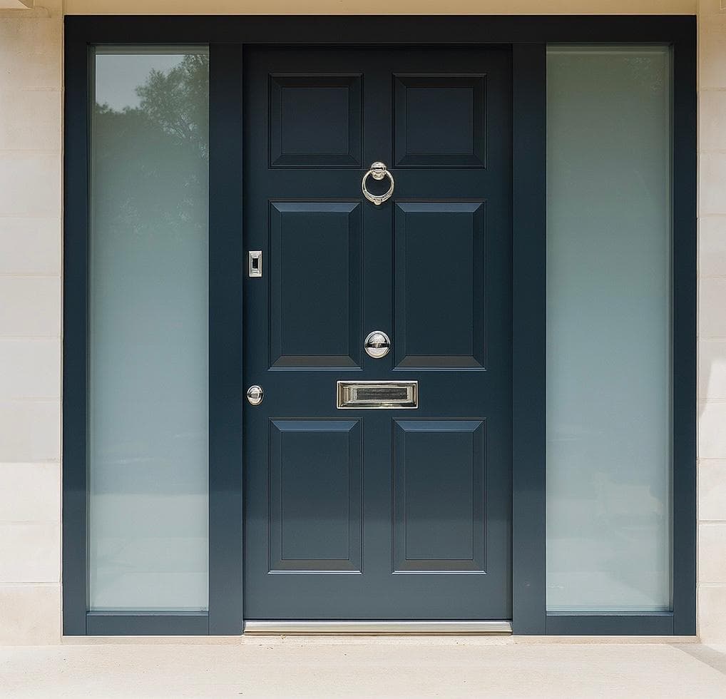 Navy steel entrance door with frosted sidelights on stone facade