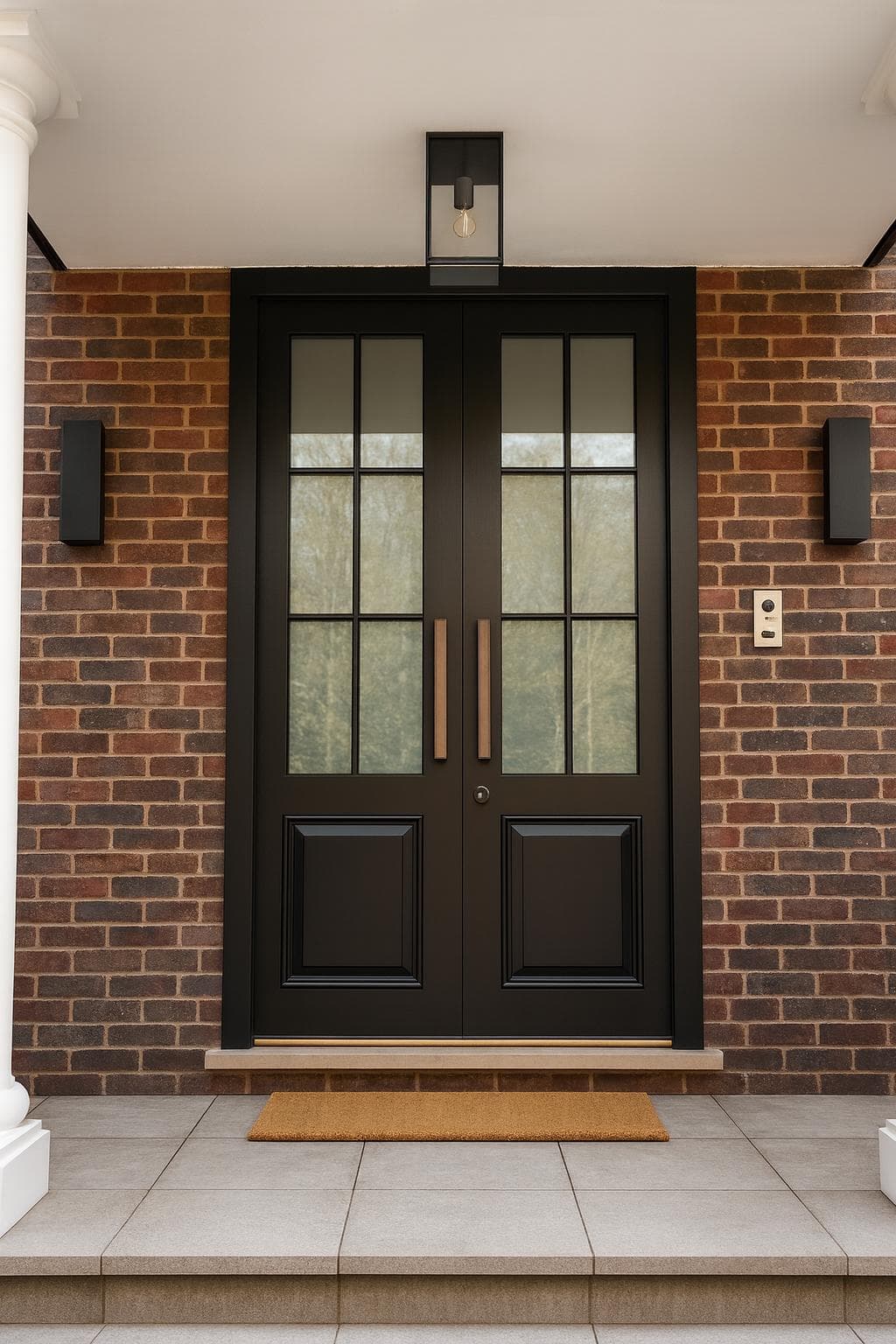 Black steel double entrance doors with glass panels and coir doormat