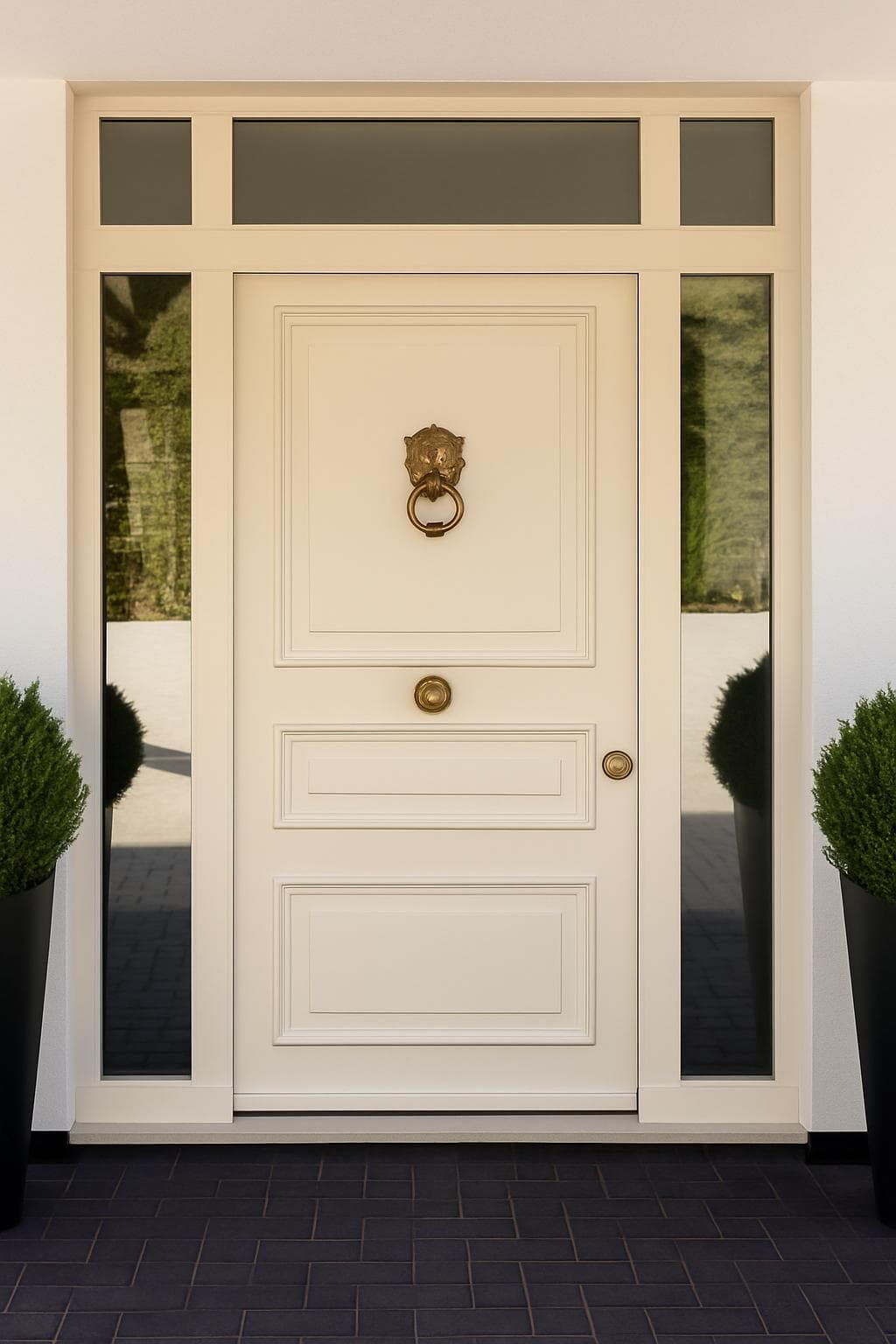 SteelR cream traditional steel door with lion knocker and topiary