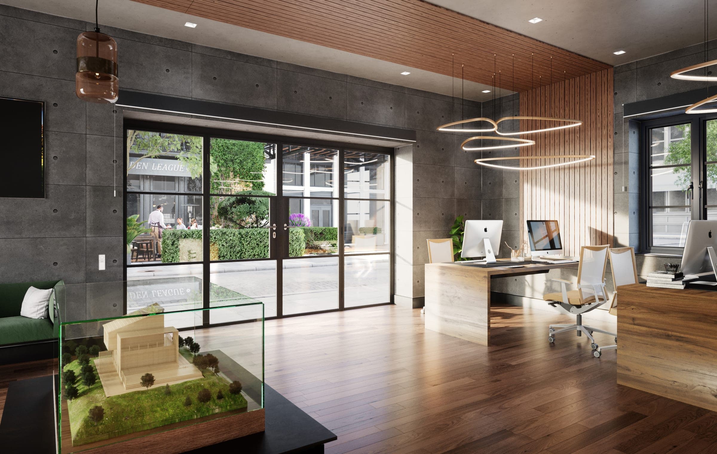 Origin OB-36+ Soho aluminium bifold doors in a contemporary architects' studio with industrial design language