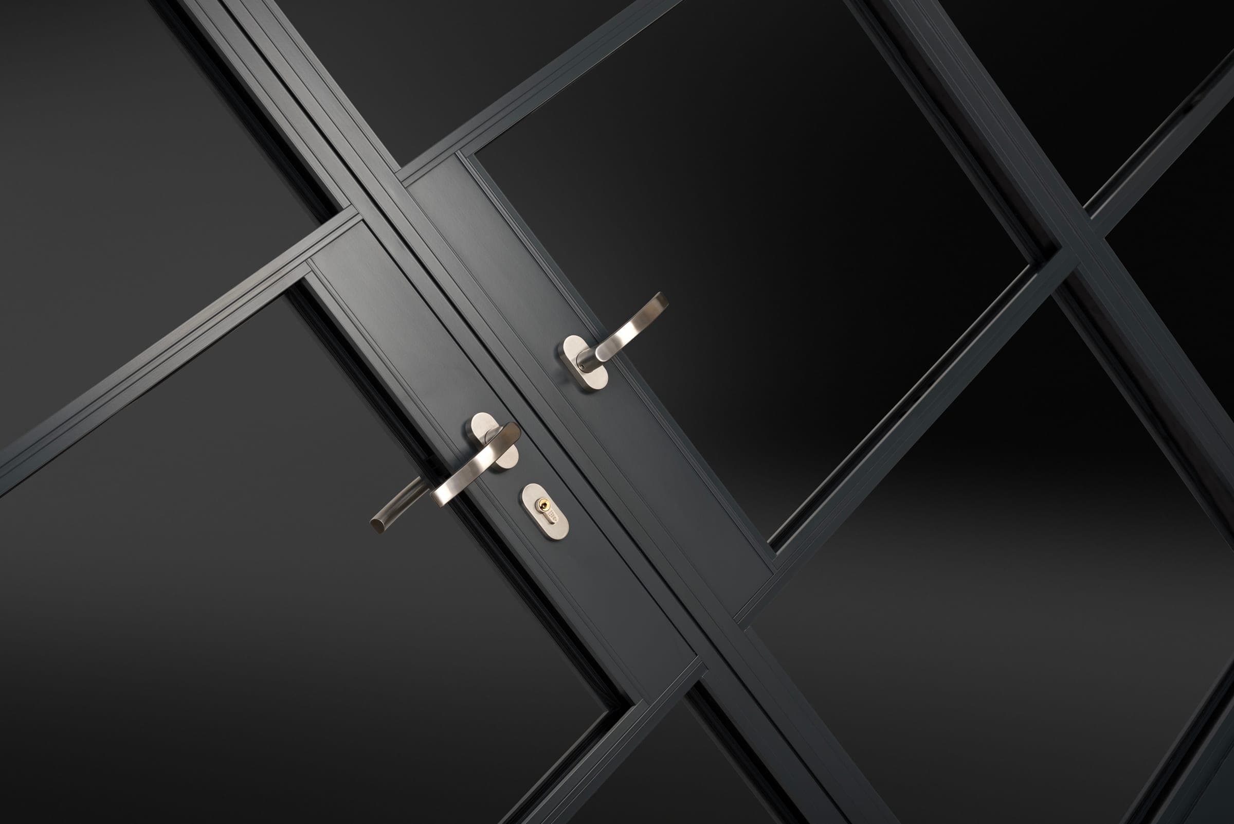 Origin OB-36+ Soho External Doors detail showing the slim 36 mm aluminium frame and steel-look aesthetic