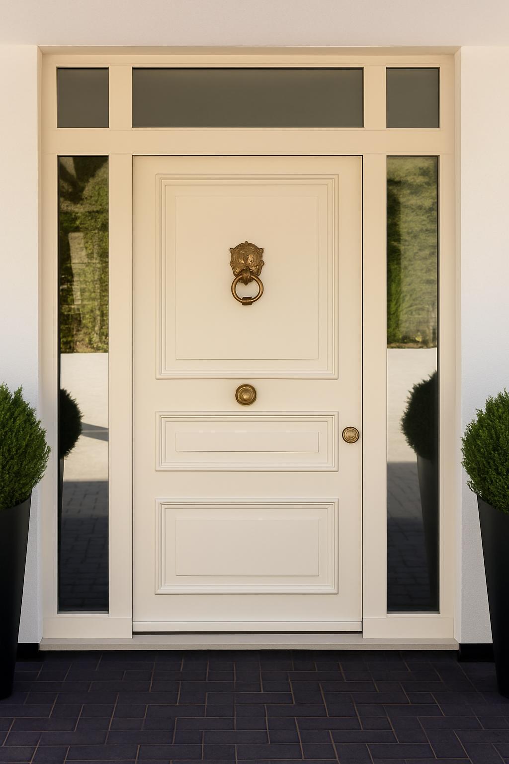SteelR cream traditional steel door with lion knocker and topiary