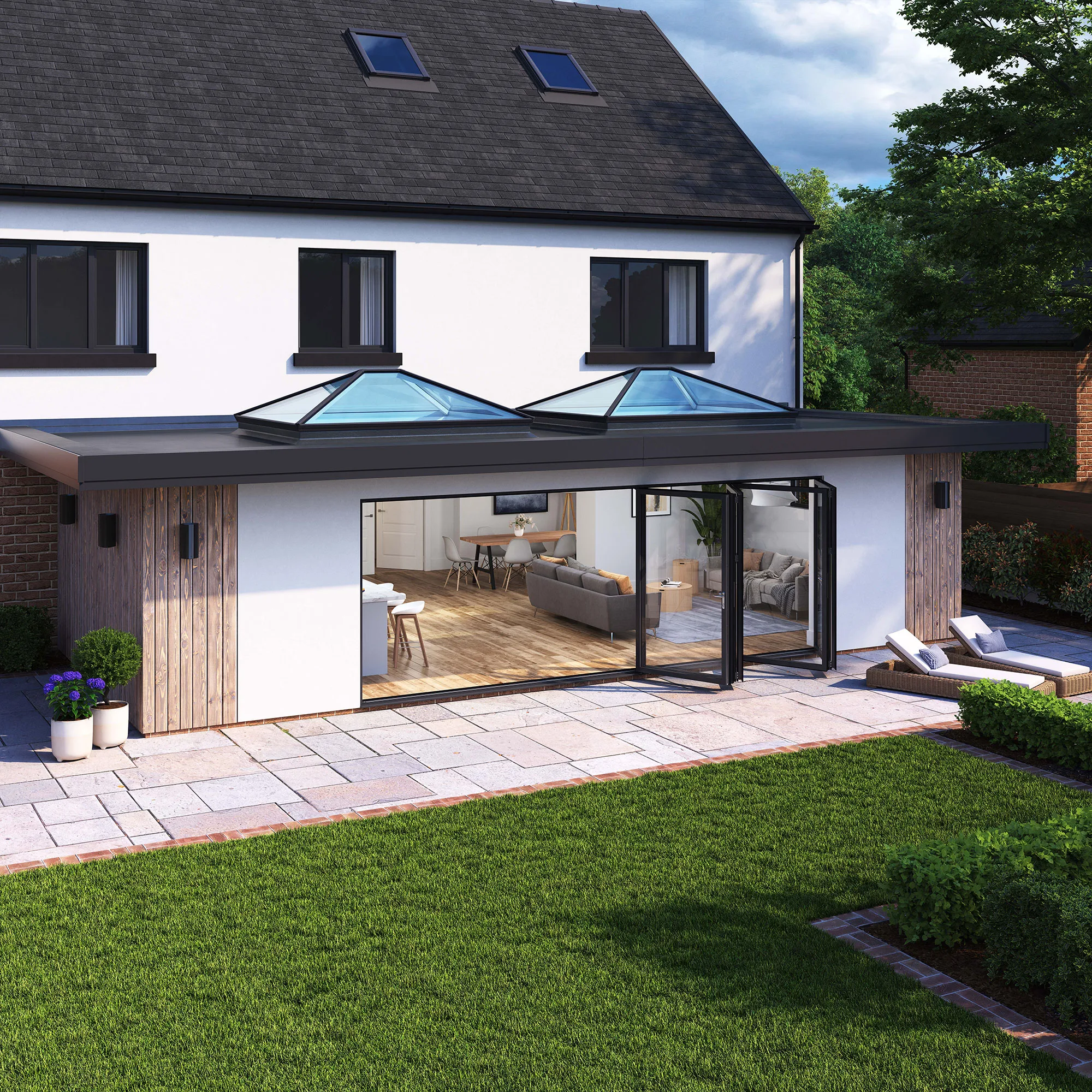 Glass room extension at dusk