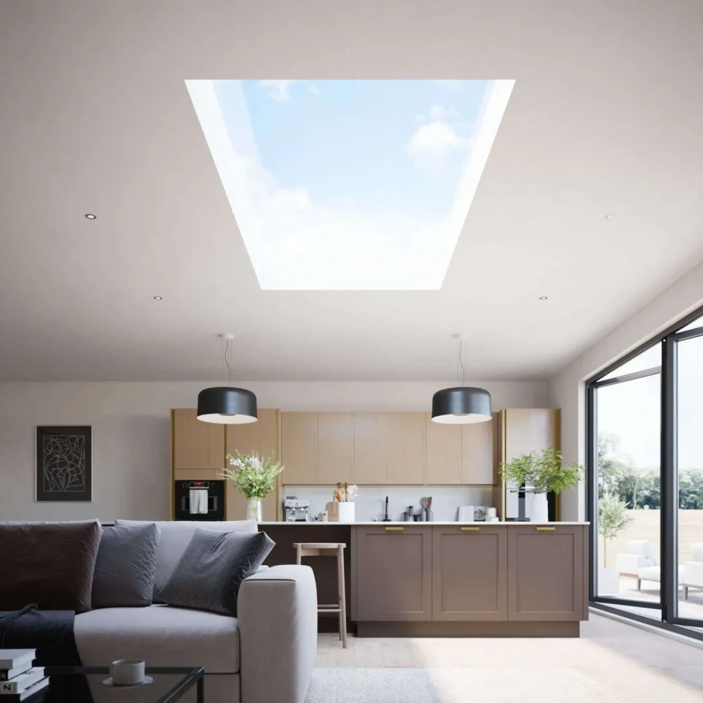 Skylight flooding kitchen with light