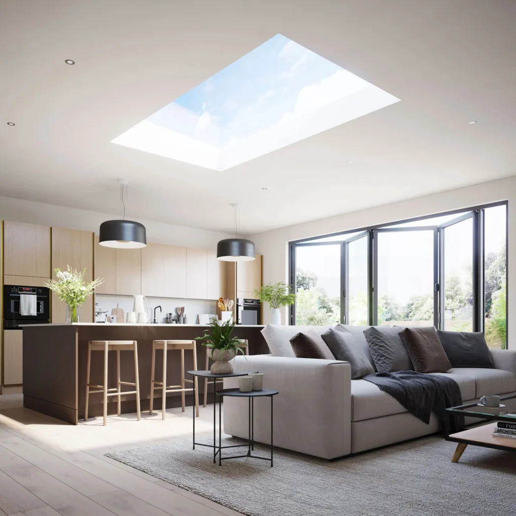 Flat glass skylight in lounge