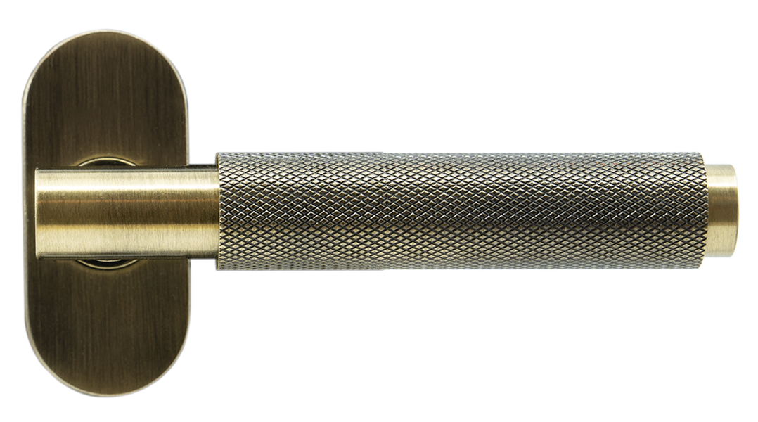 Origin Signature Knurled Internal Door handle in Antique Brass finish, warm gold tone for traditional or transitional interiors